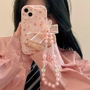 TEMU 휴대폰 케이스 - 귀여운 만화 꽃 토끼 체인 폰 케이스, 아이폰 17 16 Pro Max 15 13 Pro 14 12 11 Plus 호환, 팔찌형 소프트 쉘