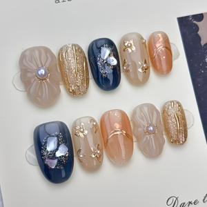 TEMU 10개 아크릴 네일 데칼 세트, 할로윈 선물로 완벽, 수제 제작, 가을/겨울 신상 스타일, 타원형, 블루-그레이 색상, 입체 조각, 수제 혼합, 조개 껍질 장식