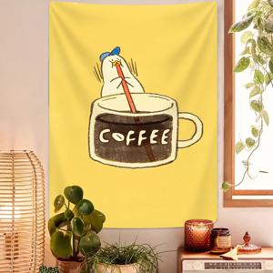 TEMU 2D 플랫, 1개 커피 테마 태피스트리 벽걸이 - 귀여운 커피잔과 병아리 & 커피콩 디자인, 만화에서 영감을 받은 카와이 스타일 