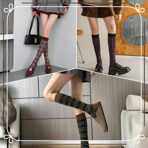TEMU 1/2/3켤레 가을/겨울 체크무늬 종아리 양말, 여성용 빈티지 영국 스타일 무릎 위 양말 마일라드 컬러 팔레트. 일본과 한국 학문적 패턴 스타킹 모던 큐트 - 습기 흡수 & 통기성 원단으로 부드러운 편안함, 니치 개성 다재다능; 패션 트렌디 고온 우아함