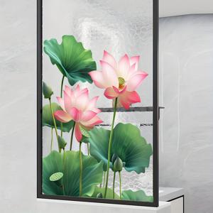 TEMU 자체 접착 핑크 연꽃 & 잎 창문/욕실 스티커 - 탈부착 가능한 비닐 꽃 데칼, 반광택 두께, 리얼리스틱 그린 잎사귀 유리문, 샤워실용 - 쉬운 부착, 오리엔탈 식물 프라이버시