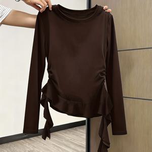 TEMU 러플 헴 비대칭 긴팔 티셔츠, 가을 타이업 플리츠 탑