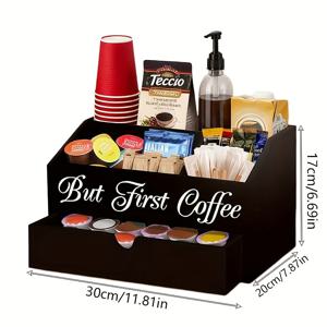 TEMU 1개 러스틱 우드 커피 & 티 정리함 - 6칸 오픈 수납 공간이 있는 우드 커피 바 정리함 (K컵, 티백, 스푼 수납 가능) - 팜하우스 스타일 카운터탑, 책상 & 서랍 정리함, 사무실용 선반 바구니