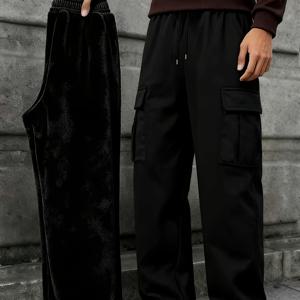 TEMU 남성용 헤비듀티 안감 카고 팬츠 - 멀티포켓 & 루즈 스트레이트핏 - 두꺼운 겨울용 하이킹, 아웃도어 팬츠, 세탁기 사용 가능 - 트라우저