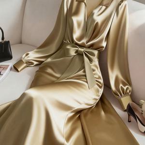 TEMU 여성용 봄/가을 우아한 딥 브이넥 리본 드레스, 벨트와 보타이식 잠금장치가 있는 새틴 긴소매 맥시 드레스