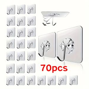 TEMU 다양한 표면에 호환되는 70개의 강력 접착식 헤비 듀티 벽걸이 후크, 투명하고 손상 없는 재사용 가능한 후크, 못 없이 설치 가능, 욕실 및 주방에서 실용적인 수건 및 컵 걸이용으로 적합, 다용도 후크