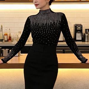 TEMU 여성 봄가을겨울 티셔츠 긴팔 빤짝이 스팽글 큐빅 슬림 하이넥 이너 상의 무용복 엘레강스 패션 슬림소녀 SLIM GIRL