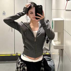 TEMU 핫걸 슬림핏 후드 자켓 스웨터 디자인 감각 슬림핏 숏 가디건 후드 스웨터