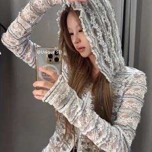 TEMU 여성용 세미나우 sexy 후드 지퍼 가디건 - 얇고 반투명한 상의, 긴 소매로 사계절 착용 가능한 오피스룩 및 파티, 일상 패션에 어울리는 아우터 - 트렌디한 앞면 지퍼 디자인, 우아한 스타일, 레이스 디테일, 세련된 카디건