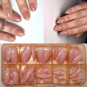 TEMU 숏 아몬드 모양 타원형 인조 손톱, 원형 아몬드 숏 풀 커버 아크릴 인조 손톱 팁 120개, 누드 인조 손톱, 네일 보관 상자 포함, 여성용