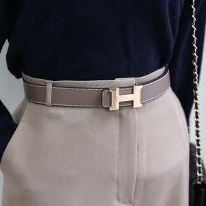 여성 소가죽 빅 H 금장 버클 벨트 양면 정장 허리 데일리 포인트