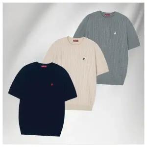 비버리힐즈폴로클럽 남여공용 자수로고 케이블 꽈배기 라운드넥 반팔 니트 3컬러938819