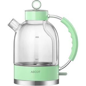 ASCOT 전기 주전자, 남성/여성/가족용 유리 주전자 선물 1.5L 1500W 붕규산 차 히터, 자동 차단 및 끓임 건조 보호(녹색)