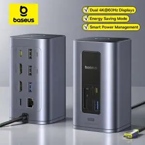 USB랜포트 Baseus 12-in-1 USB C 허브-HDMI 4K60Hz 듀얼 디스플레이 32 어댑터RJ45 SD TF PD 100W 도킹스테