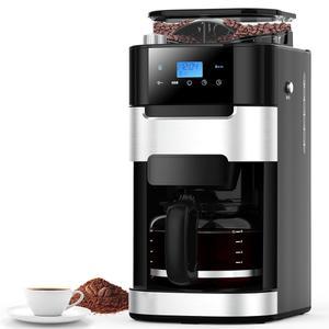 그라인더가 내장된 조이 페블 10컵 드립 커피 메이커, 타이머가 장착된 터치스크린 프로그래머블 브루 머신, 8가지 분쇄 설정, 재사용 가능한 필터, 따뜻한 접시 유지, 50.7온스 물탱크