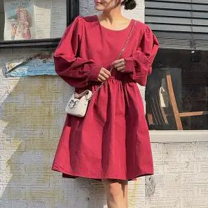 플레어 셔링 퍼프 긴팔 미니 원피스 면 라운드넥 여성 빅사이즈