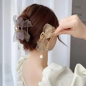 여성 쉬폰리본 진주라인 집게핀 헤어핀