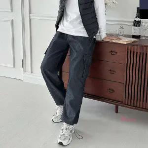 남자겨울바지 기모 안감 남성 데님 카고 팬츠 스트링 밴딩웜jkl211