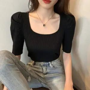 여성 AL95BY69 스퀘어넥 퍼프소매 여름 반팔니트 B110