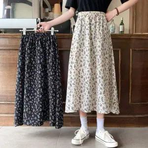 하체날씬커버 ZA55UM08 A라인 허리밴딩 롱스커트 꽃 미디스커트