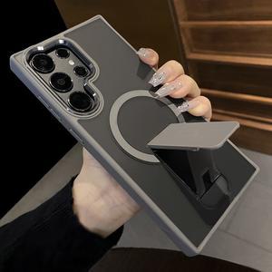 삼성 갤럭시 S25 S23 울트라 S24 플러스 FE 접이식 스탠드 고급 홀더 커버에 충전 자기 매트 케이스에 대한 무선 Magsafe