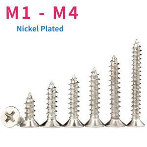M1 M1.2 M2 M2.3 M3 M4 100/피스 니켈 도금 강스틸 필립스호환 매립형 접시 머리 태핑 나사