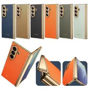 갤럭시 z폴드 7 6 5 4 폴더 격자 패턴 골드 도금 프레임 전면 액정보호 풀커버 힌지 가죽 케이스
