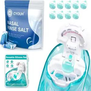 CYOUH 소금 식염수 100개 패킷 + 9개의 PCS 실리콘 패드 Neti Pot Sinus 비강 세척 린스 2.34g 리필 대체