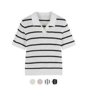 [폴햄] 여성 케이블조직 슬릿카라 반팔 니트_PHE2ET2070