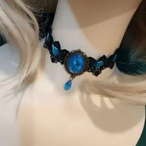블루 보석 북유럽 벨벳 목걸이 레이스 초커 메탈 북유럽풍 중세 할로윈