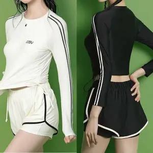 여성 비치 반바지 래쉬가드 세트 긴팔 반집업 투피스