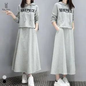 벨라도나 사계절 여성 캐주얼 후드티셔츠+A라인 롱스커트 투피스셋업 사이드주머니 Bon-2609