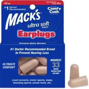 맥의 울트라 소프트 폼 이어플러그 10쌍 - 33dB 최고 NRR 수면 코골이 업무 여행 및 시끄러운 이벤트를