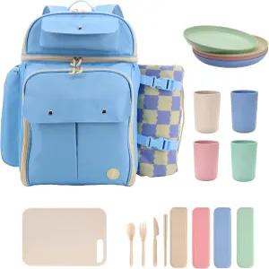 4인용 J 월드 피크닉 백팩 쿨러. 접이식 방수 담요가 포함된 단열 바구니 세트. 커플을 위한 비치 캠핑