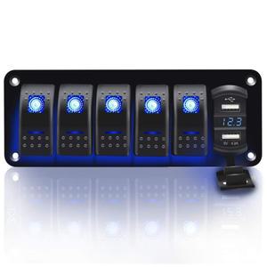 6갱 로커 스위치 알루미늄 패널  전압계 4.2A 듀얼 USB 고속 충전  블루 LED 사전 유선 IP65 방수  해양 자
