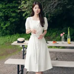 시크라인 ~XXL까지 엘누아 스퀘어넥 퍼프 슬리브 스트라이프 원피스 여름 피크닉 데이트 데일리 하객룩 빅