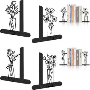 4개의 플로럴 메탈 북엔드 - 꽃꽂이 장식용 홈 오피스 책상 책장 꽃 애호가 및 독서 애호가를 위한 선물