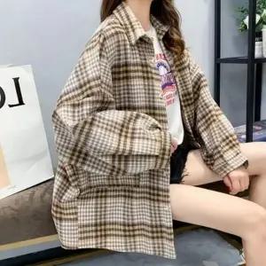 여자 간절기 체크 모직 오버핏 셔츠