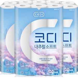 코디 내추럴 소프트 3겹 화장지 27m 30롤 3팩 (90개)