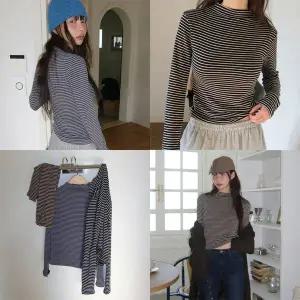 [모코블링]스트라이프 기모 반폴라 티셔츠기모티이너티단가라티스트라이프목티폴라티반목티슬림핏