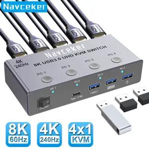 Navceker 4K 240Hz KVM 스위치 HDMI 4x1 8K KVM 4 PC 스위처 4포트 USB 3.0 셀렉터 4아웃 모니터 마우스 키
