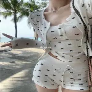 리본패턴 헨리넥 가디건 나시 숏팬츠 지니추 쓰리피스 브라캡 내장 잠옷 파자마 세트