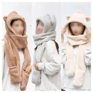 모자 목도리 챙겨쓰기 아기곰목도리모자 양털귀달이모자 목도리일체형모자