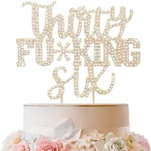 링티어 36번째 생일을 축하합니다. 재미있는 골드 라인스톤 케이크 토퍼 - 36세에게 건배 생일 센터피스