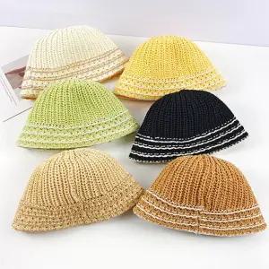 벨모아   5줄선짜임챙 밀짚 벙거지 여성 여자 모자 버킷햇 밀짚모자