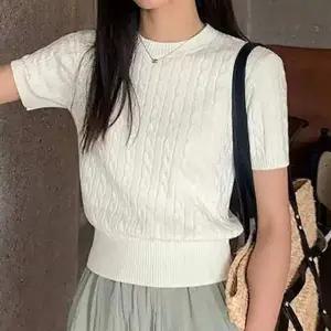 여성 HH07GB83 라운드 꽈배기 짜임 여름 반팔 여자 슬림 니트