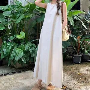 A라인 ZO95HA87 여성 민소매 뒷트임 심플 편한 여름 롱 원피스