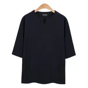 반팔티 포인트 라운드 카라 네이비 7부 티셔츠_CMT012