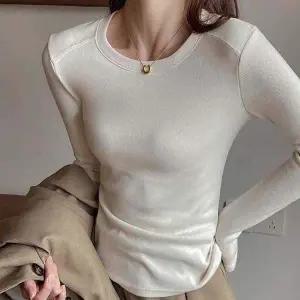 여자 UK95YH85 슬림 스타일 데일리 베이직 골지 원단 라운드넥 긴팔 티셔츠