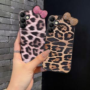 럭셔리 레오파드 가죽 3D 다이아몬드 보우노트 블링 폰 케이스 삼성 + 커버 플러스 S22 FE S23 엣지 울트라 S25 S26 갤럭시